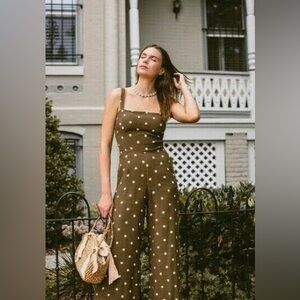 Anthropologie Faithfull the Brand Olive Green Polka Dot Jumpsuit Size XS